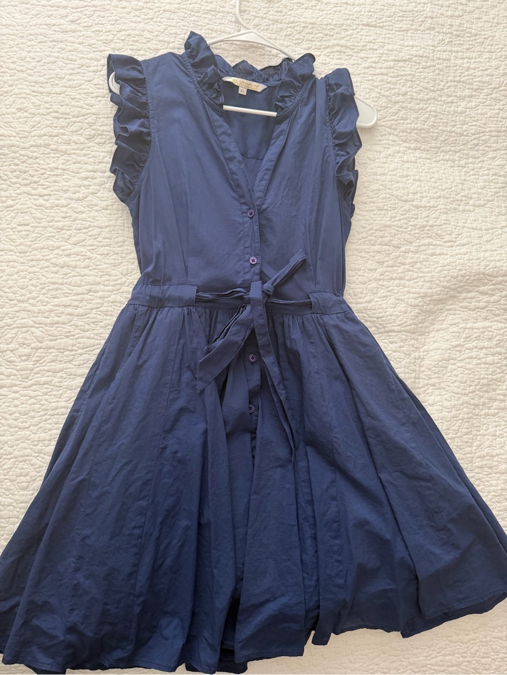 Navy Ruffle Sleeve Button-Front Dress with Waist Tie Mahi gold